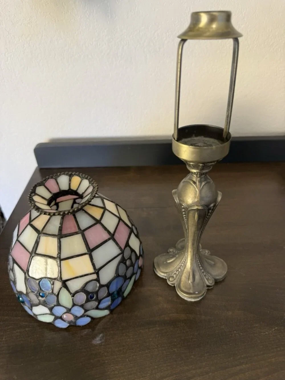 PartyLite Hydrangea Stained Glass Tiffany Style Shade Tealight Candle Lamp P7790